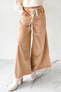 Khaki Polka Dot Print Drawstring Wide Leg Pants