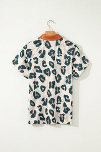 Casual Unique Leopard Print Button Contrast Collared Short Sleeve Blouse