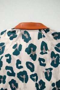 Casual Unique Leopard Print Button Contrast Collared Short Sleeve Blouse