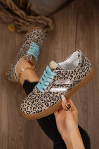 Women's Chic Women's Leopard Print Lace-Up Sneakers in Coffee Faux Suede with PU Leather Accents for Effortless Casual Style