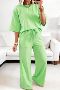Chic Women's Light Green Lace Patchwork Two-Piece Set with Half Sleeve Blouse and Comfortable Elastic Waist Pants
