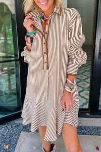 Women's Chic Women's Long Sleeve Khaki Striped Mini Dress with Collar, Ruffle Hem, and Embroidered Trim for Casual Elegance