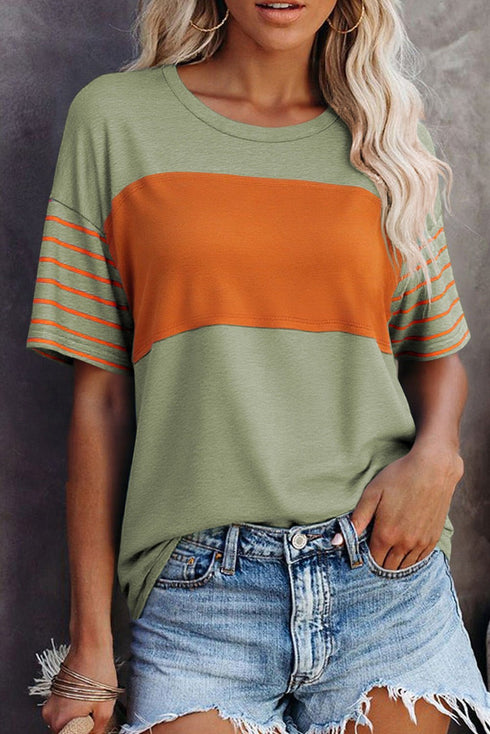 Women's Chic Women's Loose-Fit Color Block Striped T-Shirt in Laurel Green for Effortless Casual Style