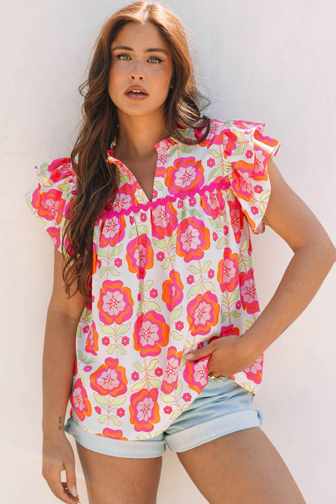 Women's Floral Print Ruffle Sleeve Blouse with Ric-Rac Trim