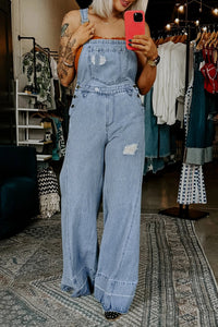 Women's Chic Women's Mist Blue Distressed Denim Overalls with Adjustable Straps for Casual Style and Comfort