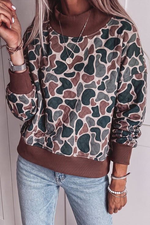 $9.95 Multicolour Camouflage Print Quilted Contrast Ribbed Mock Neck Sweatshirt Wholesale