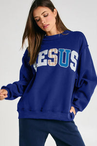 $10.38 Navy Blue WWJD Mixed Pattern Embroidered Patch Graphic Mock Neck Sweatshirt Wholesale