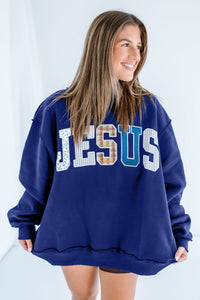 $10.38 Navy Blue WWJD Mixed Pattern Embroidered Patch Graphic Mock Neck Sweatshirt Wholesale