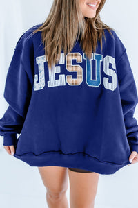 $10.38 Navy Blue WWJD Mixed Pattern Embroidered Patch Graphic Mock Neck Sweatshirt Wholesale