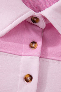 Pink Raw Seam Color Block Patchwork Button Polo Collar Mini Dress