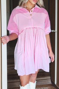 Women's Pink Color Block Babydoll Polo Mini Dress