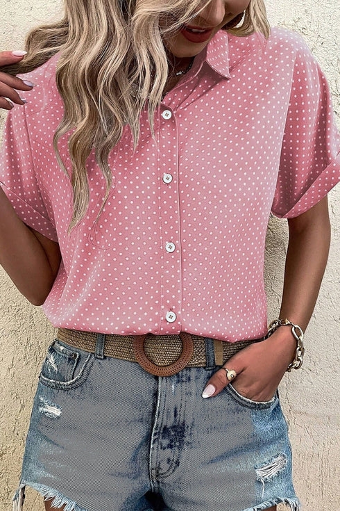 Women's Chic Women's Pink Dotted Short Sleeve Blouse - Comfortable Cuffed Top for Effortless Everyday Style