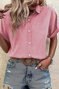 Women's Chic Women's Pink Dotted Short Sleeve Blouse - Comfortable Cuffed Top for Effortless Everyday Style