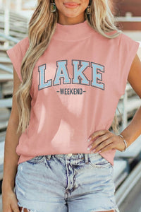 Chic Women's Pink Lake Graphic High Neck Short Sleeve Top - Perfect for Casual Weekend Outings and Everyday Style