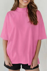 Chic Women's Pink Oversized High Neck Tee - Stylish Solid Top for Casual Comfort and Effortless Everyday Style