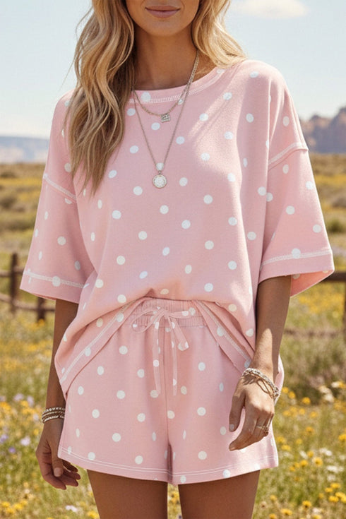 Chic Women's Pink Polka Dot Loose Tee & Drawstring Shorts Set with Exposed Seam for Effortless Summer Style