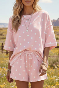 Chic Women's Pink Polka Dot Loose Tee & Drawstring Shorts Set with Exposed Seam for Effortless Summer Style