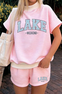 Chic Women's Pink Striped High Neck Two-Piece Set with Contrast Trim for Trendy Weekend Getaways
