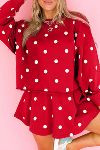 $12.42 Red Polka Dot Raw Hem Relaxed Pullover Loose Skort Two Piece Set Wholesale