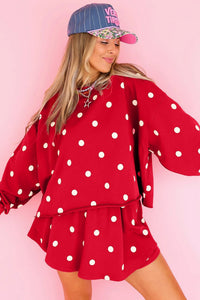 $12.42 Red Polka Dot Raw Hem Relaxed Pullover Loose Skort Two Piece Set Wholesale