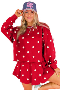 $12.42 Red Polka Dot Raw Hem Relaxed Pullover Loose Skort Two Piece Set Wholesale