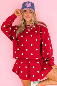 $12.42 Red Polka Dot Raw Hem Relaxed Pullover Loose Skort Two Piece Set Wholesale
