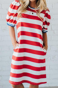 Women's Chic Women's Red Stripe Mini Dress with Contrast Trim, Round Neck, Short Puff Sleeves - Perfect Summer Shift Style