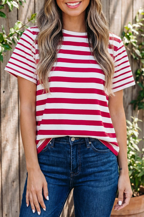 Chic Women's Red Stripe Patchwork T-Shirt - Casual Round Neck Design for Everyday Comfort and Effortless Style