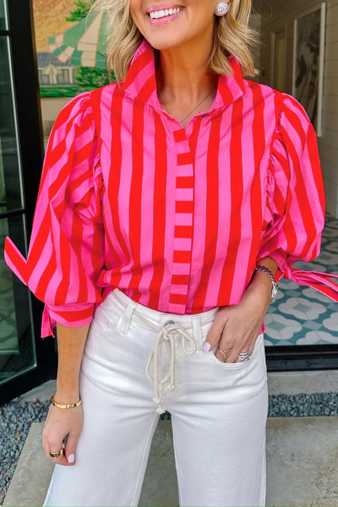 Chic Women's Red Striped Puff Sleeve Button-Down Shirt with Tie Detail for a Playful Summer Style
