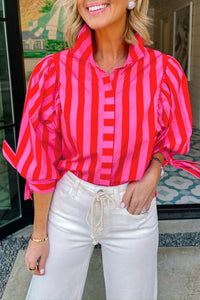 Chic Women's Red Striped Puff Sleeve Button-Down Shirt with Tie Detail for a Playful Summer Style