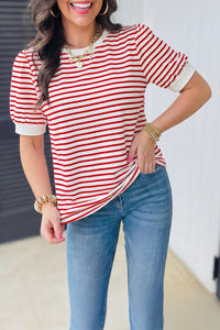 Women's Red Striped Puff Sleeve Cotton Blend T-Shirt