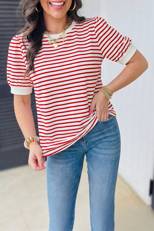 Women's Red Striped Puff Sleeve Cotton Blend T-Shirt