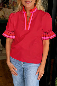 Women's Red Cotton-Lyocell Ruffle Collar Blouse with Pink Striped Sleeves