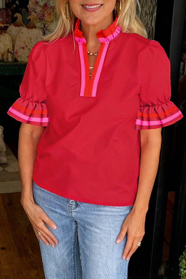 Women's Red Cotton-Lyocell Ruffle Collar Blouse with Pink Striped Sleeves
