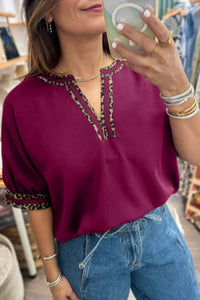 Women's Red Dahlia V-Neck Blouse with Leopard Trim Detail