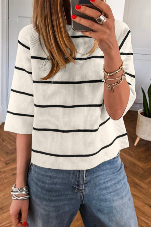 Chic Women's Relaxed Fit White Striped Ribbed Knit Half Sleeve Sweater Tee for Effortless Casual Style