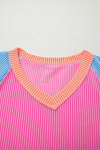 Rose Red Color Block Twisted Ribbed Tee