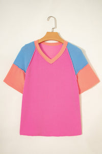 Rose Red Color Block Twisted Ribbed Tee