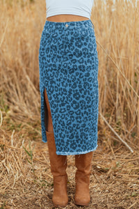 Women's Sky Blue Leopard Denim Midi Skirt with Side Slit