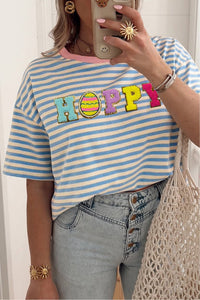 Women's Chic Women's Sky Blue Striped Chenille Crew Neck Tee with Patch Details - Perfect for Casual Everyday Style