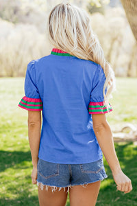 Sky Blue Striped Frilled Collar Ruffled Short Sleeve Blouse
