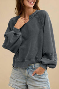 Women's Gray Mineral Wash Sweatshirt with Lace Patchwork Detail and Notched Neck