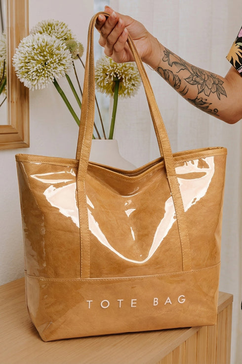 Women's Chic Women's Waterproof Camel Tote Bag with Retro Letter Print - Durable PVC, Spacious Design for Everyday Use