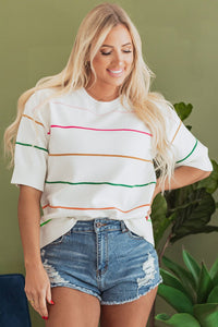 Women's Chic Women's White Colorblock Striped Sweater with Drop Shoulders - Trendy Half Sleeve Knit Top for Casual Style