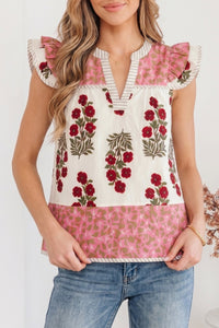 Chic Women's White Floral Cotton Blouse with Striped Trim and Flutter Sleeves – Perfect for Summer Outings