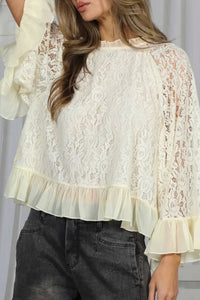 Chic Women's White Lace Bell Sleeve Top - Elegant Bohemian Style for Spring & Summer Fashion, Flattering Fit