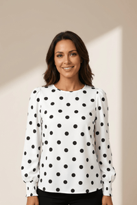 women's chic women's white polka dot frilled long sleeve blouse with round neck stylish and versatile top for any occasion with practical styling and