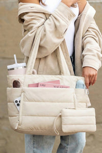 White Solid Color Puffy Quilted Large Tote Bag