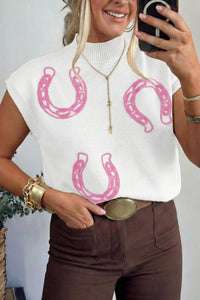 Women's White Horseshoe Mock Neck Short Sleeve Knit Sweater