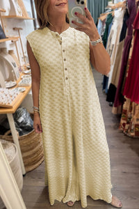 Chic Women's White Sleeveless Wide Leg Jumpsuit with Half Buttons & Textured Fabric – Perfect Summer Fashion Staple